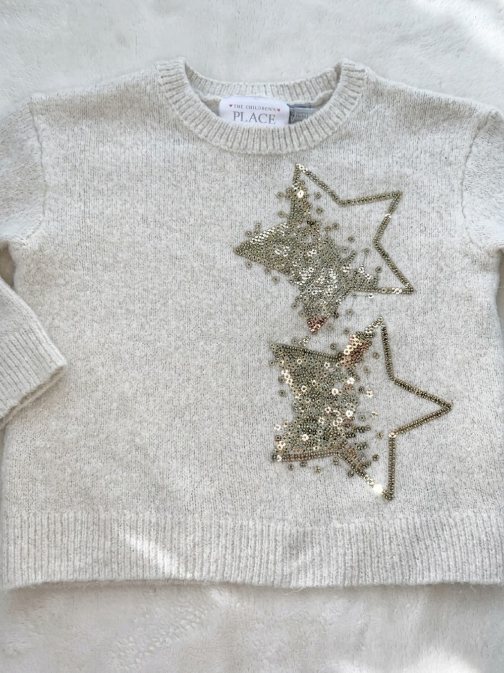 Children’s Place Cream & Gold Sequin Star Sweater 18-24M EUC